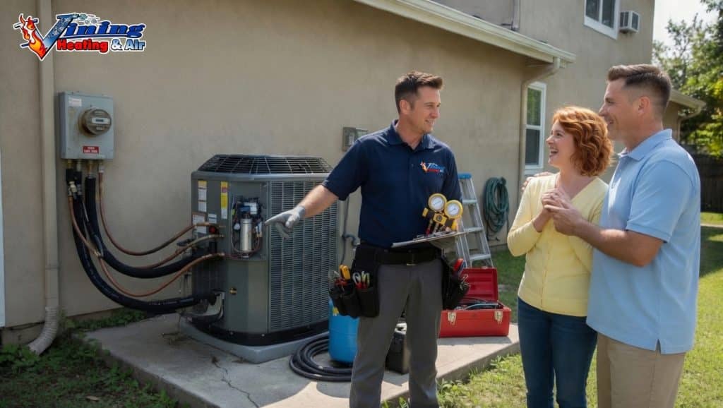 A tech explaining their HVAC serice to a Conyers GA couple
