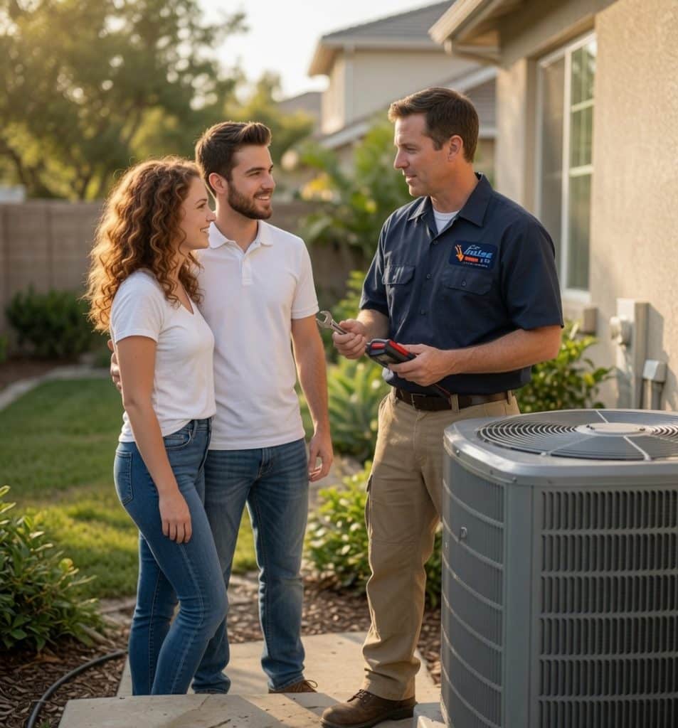Vining Heating and Air technician explaining their HVAC services to customers living in the south metro Atlanta area